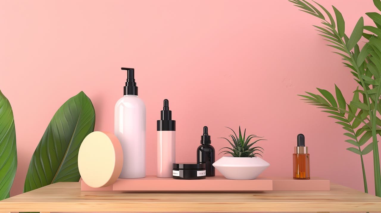 Chic arrangement of spa and beauty products on wooden surface with pink background.
